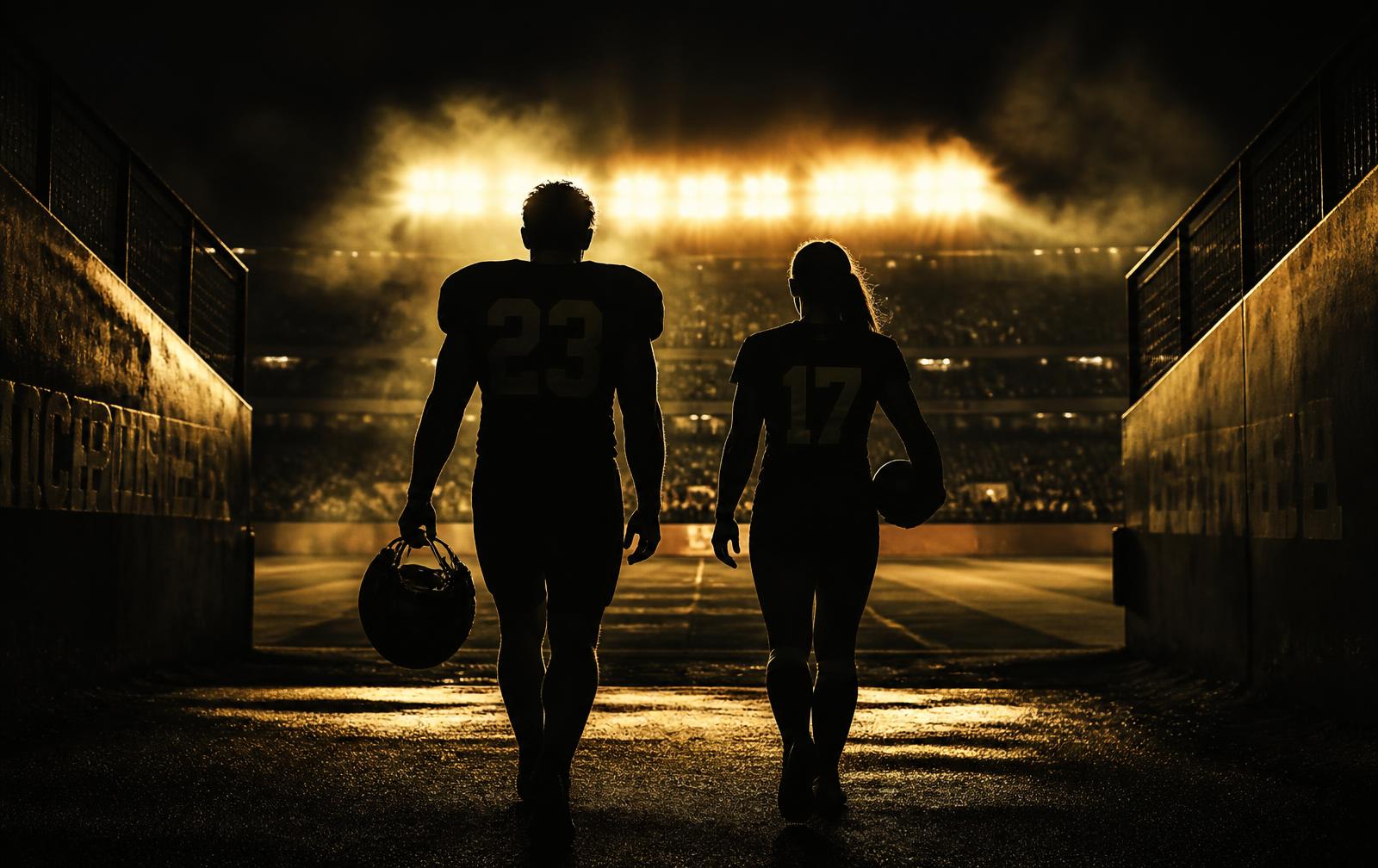 Athletes walking off the field under stadium floodlights